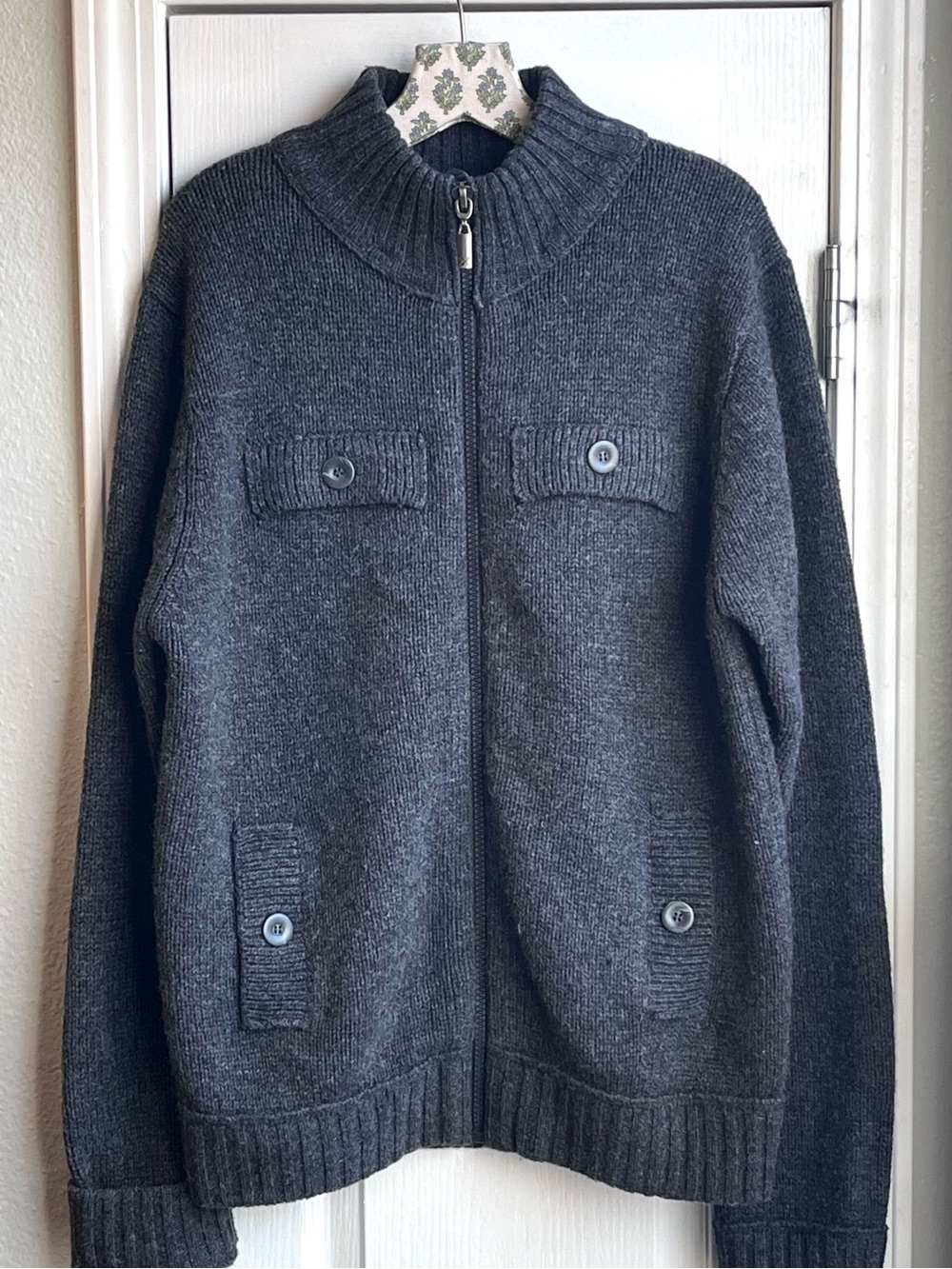 X Men's Wool Blend Full-Zip Knit Sweater Jacket Dark Charcoal Size L 80% Wool